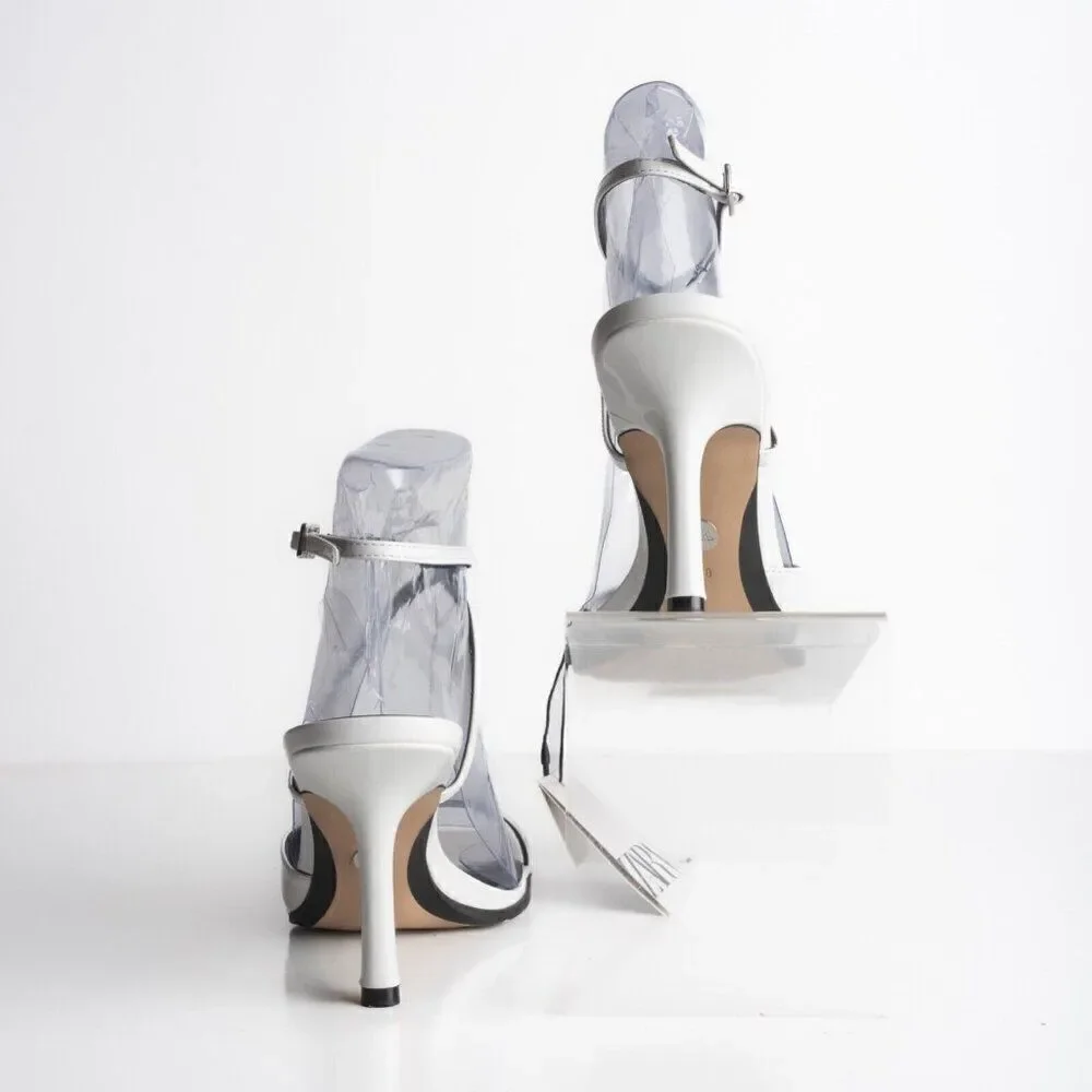 Zara Womens White Faux Leather Sandals Heels asymmetric strap US 7.5 EU 38 NWT - Picture 6 of 8